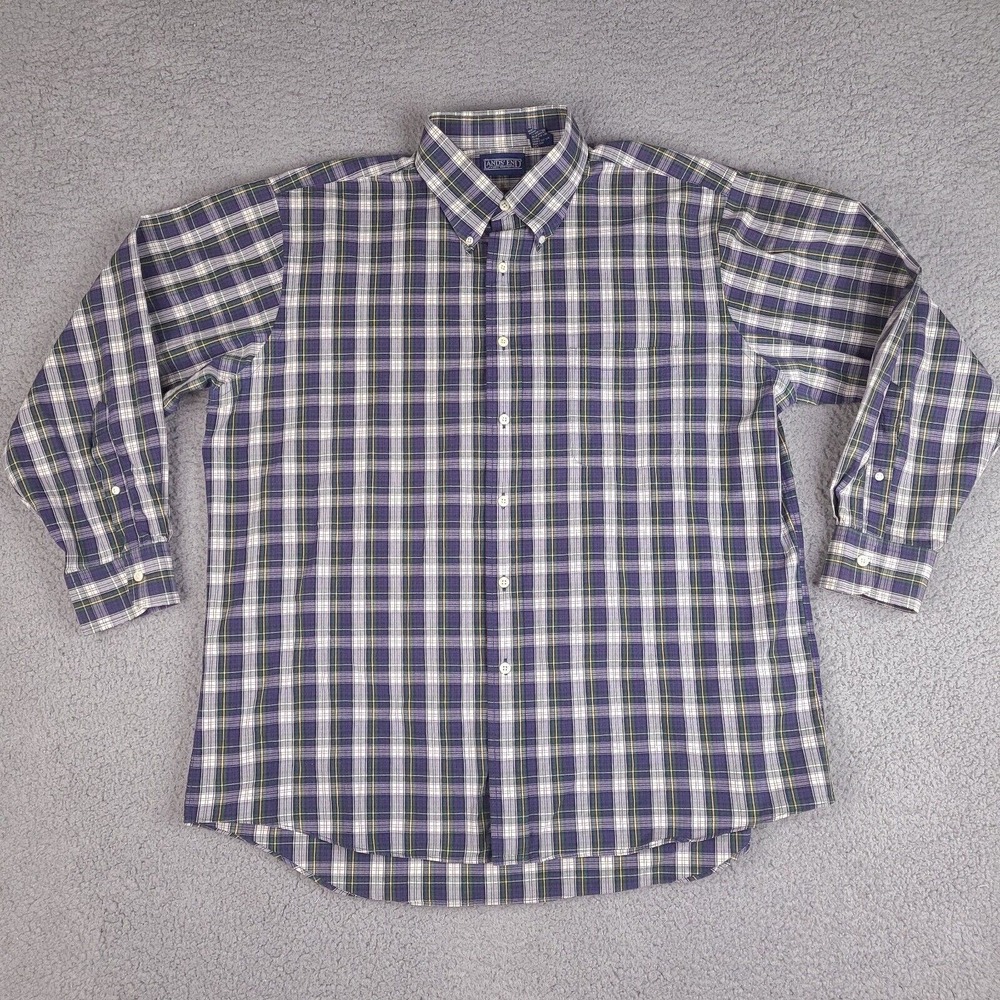 Vintage‎ Lands End Shirt Mens XL Blue 17 - 33 Plaid Long Sleeve Button Down